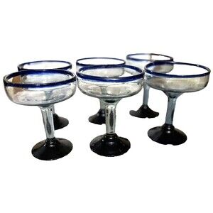 Margarita Glasses Vintage 80s Stemmed Cobalt Blue Hand Blown Glass Mexican Set 6